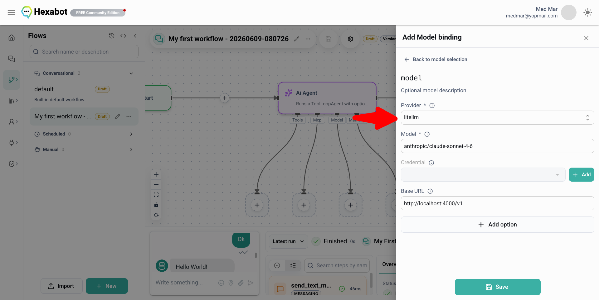 Hexabot AI Agent model binding configured with LiteLLM